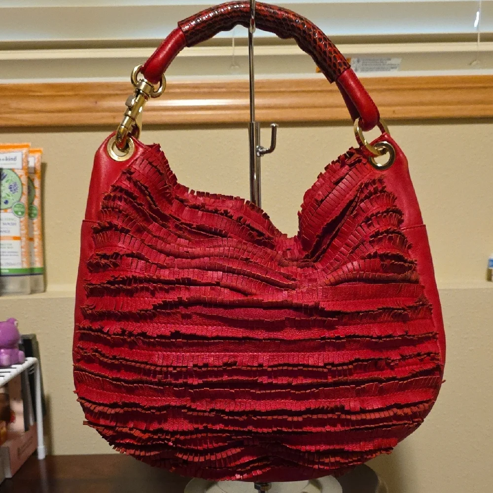 Jimmy Choo Red Hobo Bag With Python Snake Skin Handel With COA